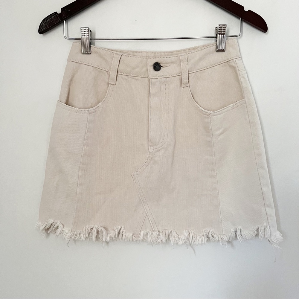 Free People Cream Frayed Hem Mini Skirt